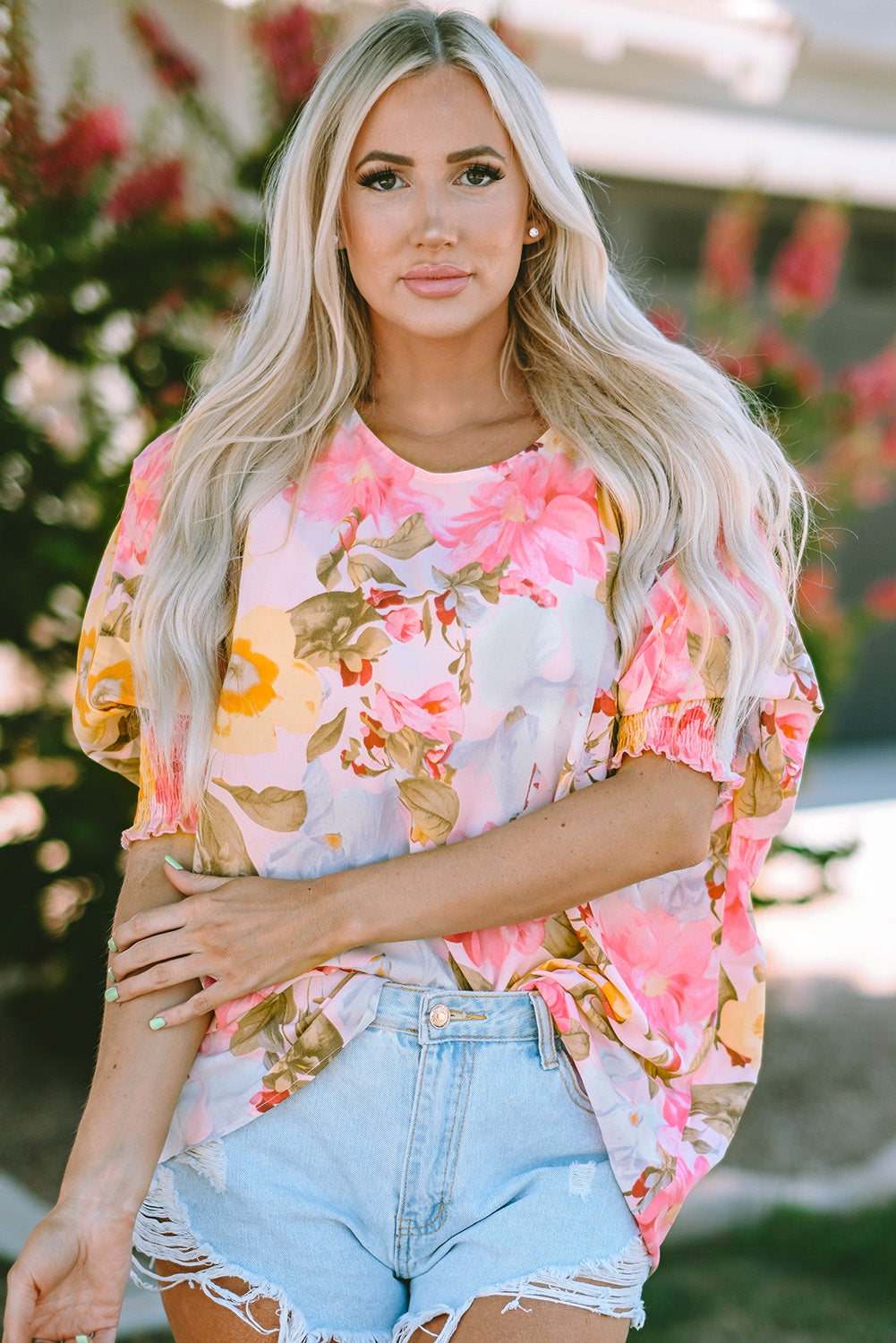 Shirred Cuff 3/4 Sleeve Loose Fit Floral Blouse | Pink