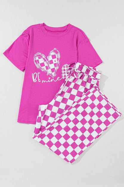 Be Mine Print Tee And Pants Lounge Set | Bright Pink