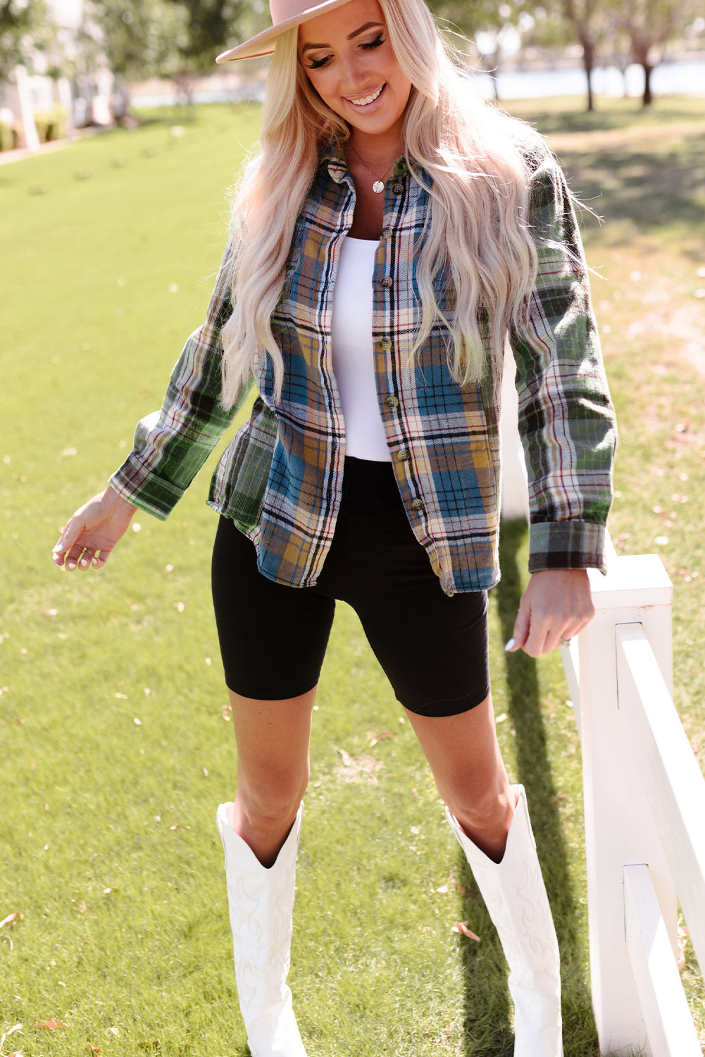 Chest Pockets Button Up Plaid Shacket | Green