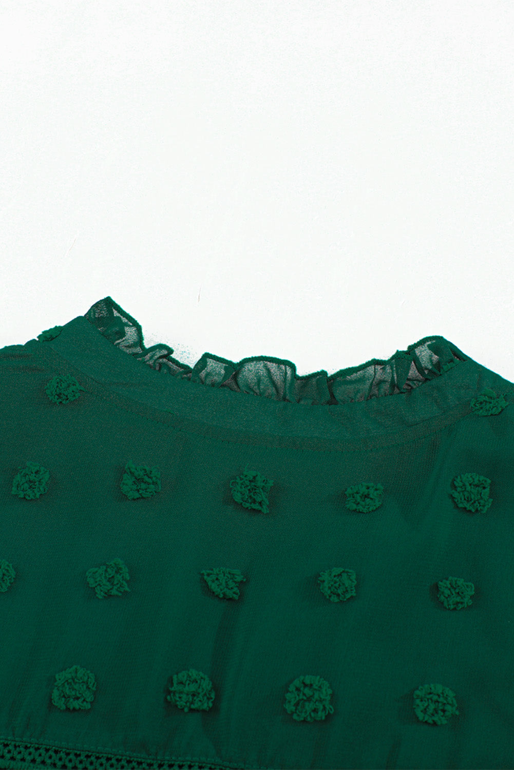 Ruffled Split Neck Lace Hollow Out Puff Sleeve Polka Dot Blouse | Green