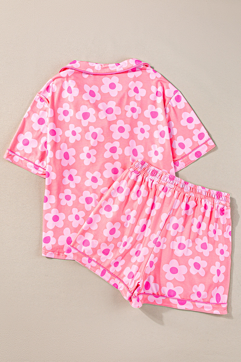 Flower Print Short Sleeve Shirt Pajamas Set | Pink