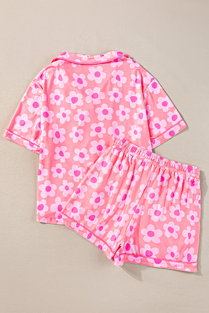 Flower Print Short Sleeve Shirt Pajamas Set | Pink