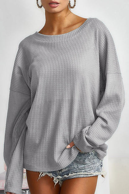 V Cut Drawstring Back Waffle Knit Long Sleeve Top | Gray