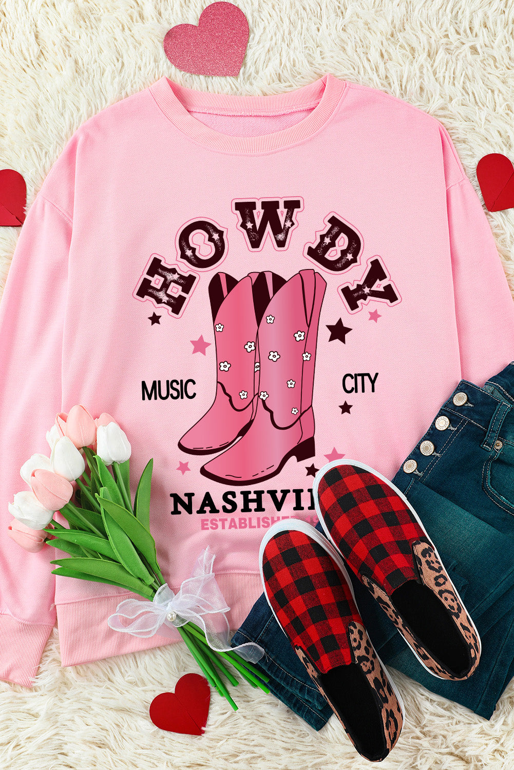 Howdy Nashville Vintage Western Graphic Sweatshirt | Pink