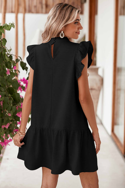 Flutter Sleeve Crew Neck Shift Dress | Black