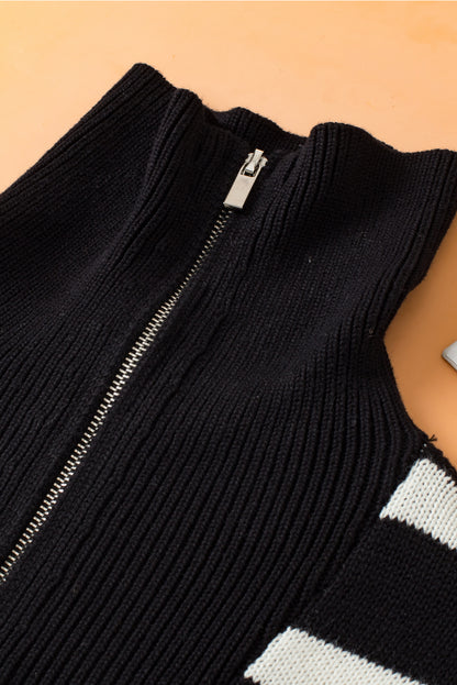 Zipped Collar Knit Sweater Tank | Black Stripe