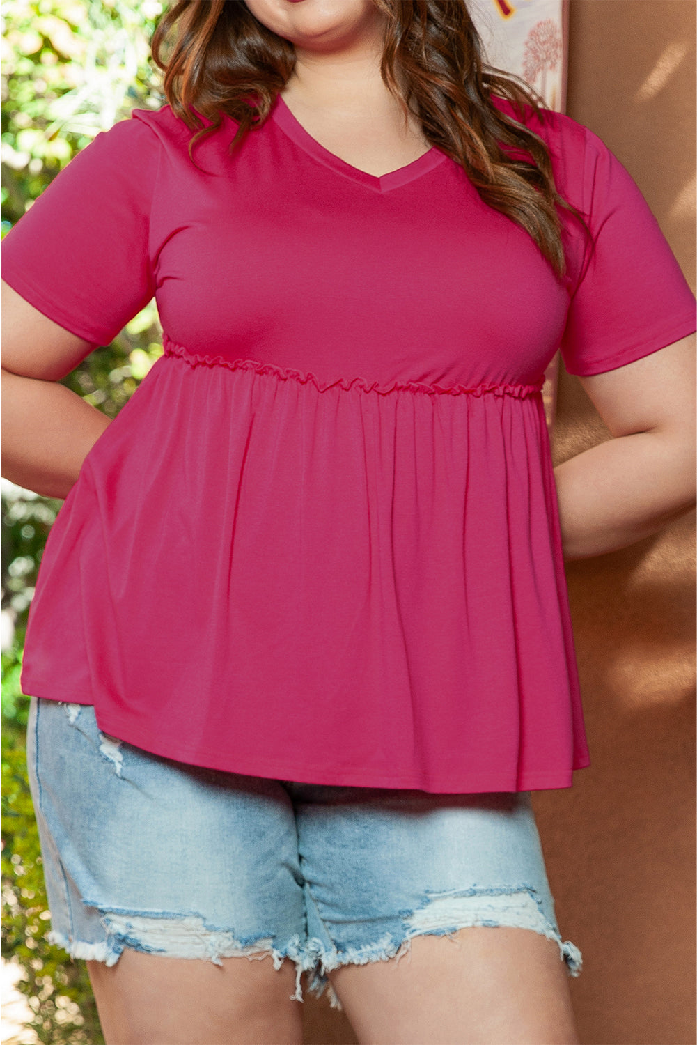 Solid Short Sleeve Flowy Plus Size Top | Rose Red