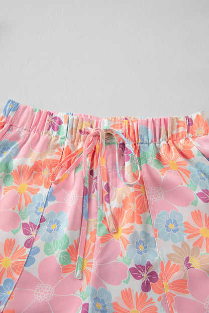 Floral Print Side Pockets Drawstring Casual Shorts | Pink