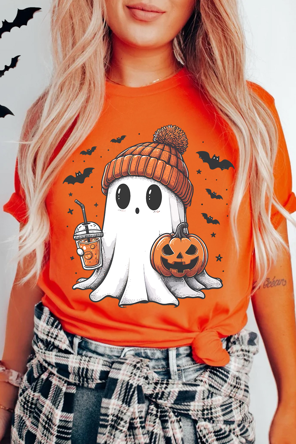 Cute Ghost Pumpkin Face Printed Halloween T Shirt | Orange