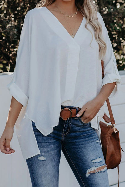 V Neck 3/4 Sleeve High Low Hem Shirt | White