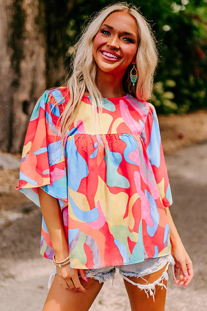 Abstract Pattern Wide Sleeve Crew Neck Blouse | Multicolour