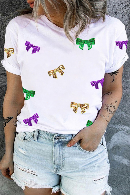 White Plus Size Sequin Bowknot Print Mardi Gras Tee