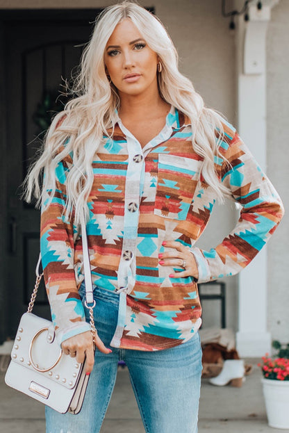 Aztec Print Buttoned Pocket Chest Long Sleeve Shirt | Multicolour