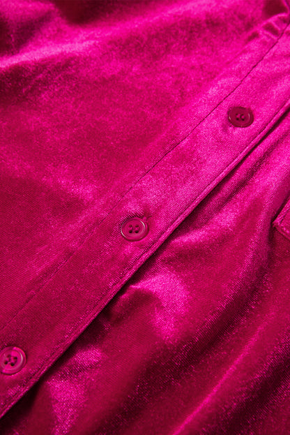 Buttoned V Neck Chest Pocket Velvet Shirt | Pitaya Pink