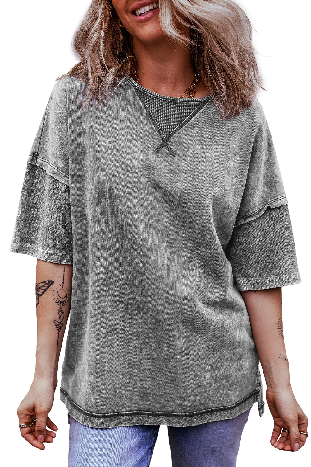 Mineral Wash Exposed Seam Drop Shoulder Oversized Tee | Philippine Gray