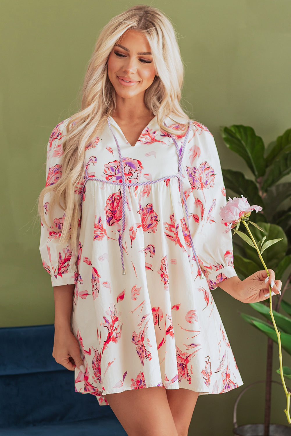 Floral Print Balloon Sleeve V Neck Babydoll Mini Dress | Pink