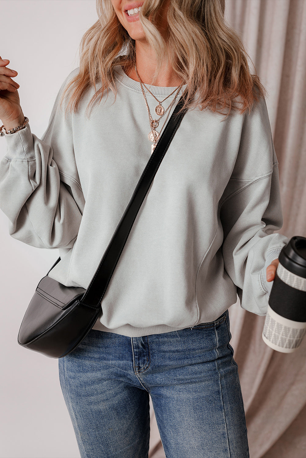 Exposed Seam Batwing Sleeve Drop Shoulder Sweatshirt | Gray