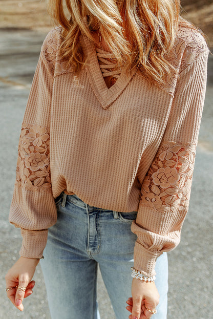 Lace Waffle Patchwork Strappy V Neck Long Sleeve Top | Apricot