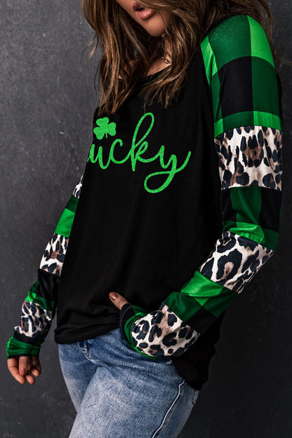 Lucky Clover Glitter Graphic Leopard Plaid Splicing Top | Green