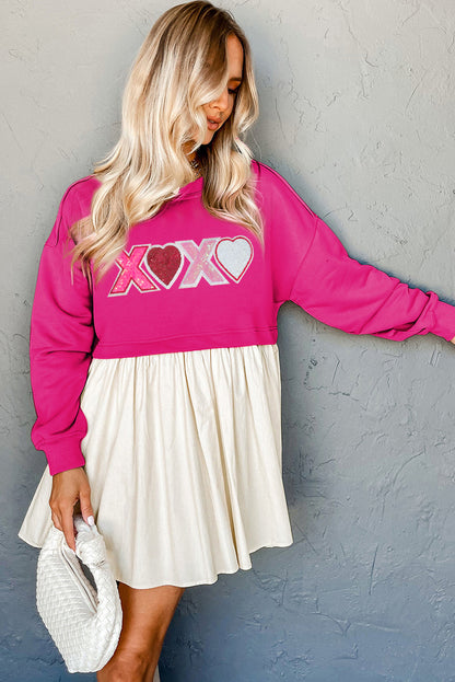 Sequin Heart Xoxo Graphic Colourblock Patchwork Hem Sweatshirt Dress | Rose Red