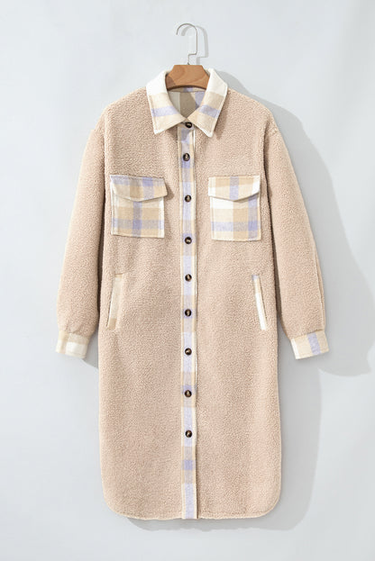 Plaid Patchwork Collared Button-Up Sherpa Long Coat | Smoke Gray