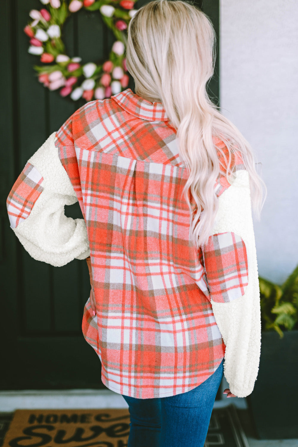 Fiery  Sherpa Sleeve Plaid Print Shacket | Red