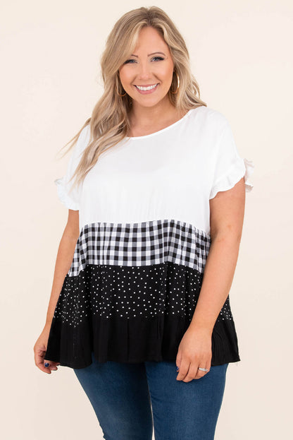 Plaid Dot Ruffled Plus Size Babydoll Top | White