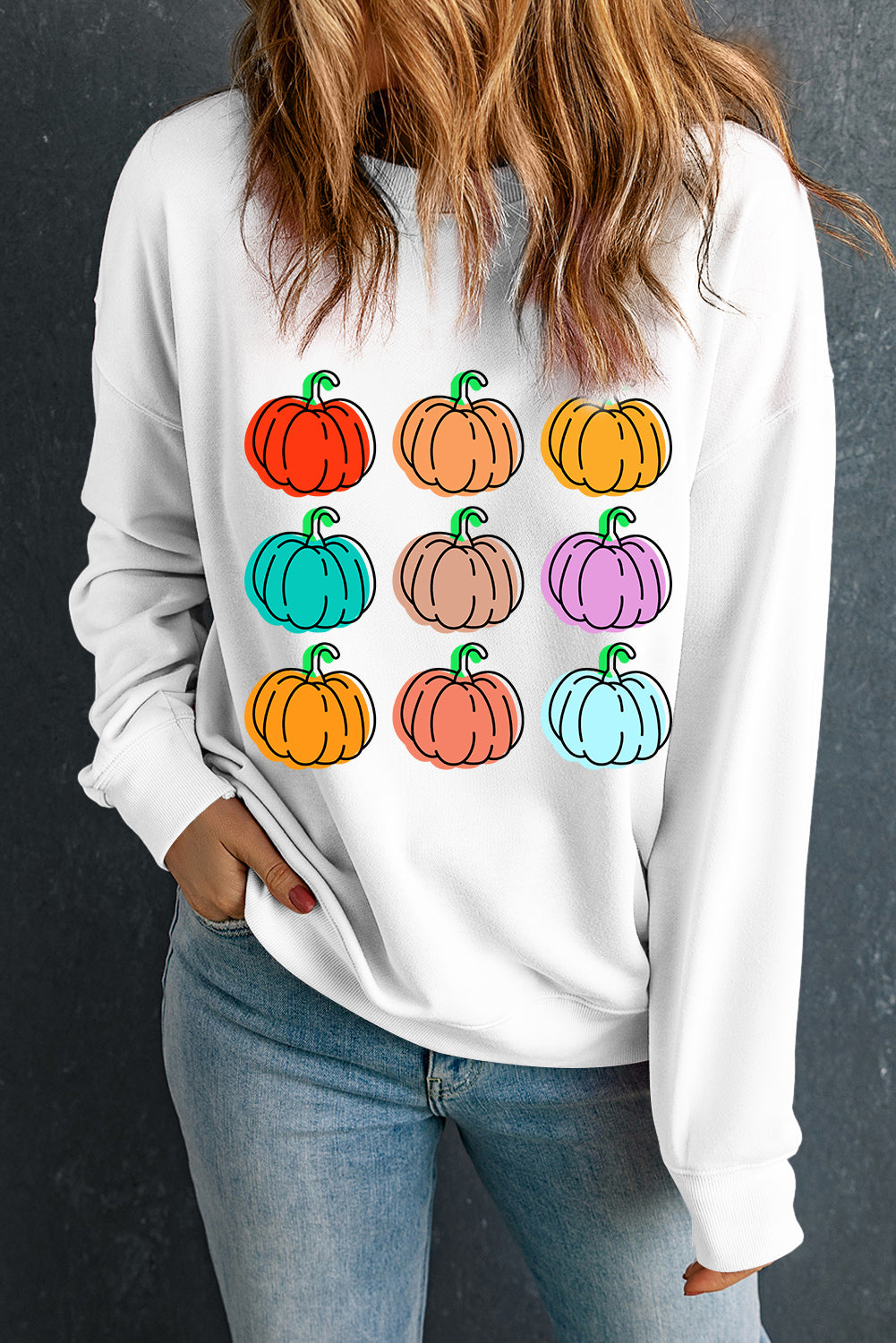 Vibrant Pumpkins Print Crew Neck Halloween Sweatshirt | Beige