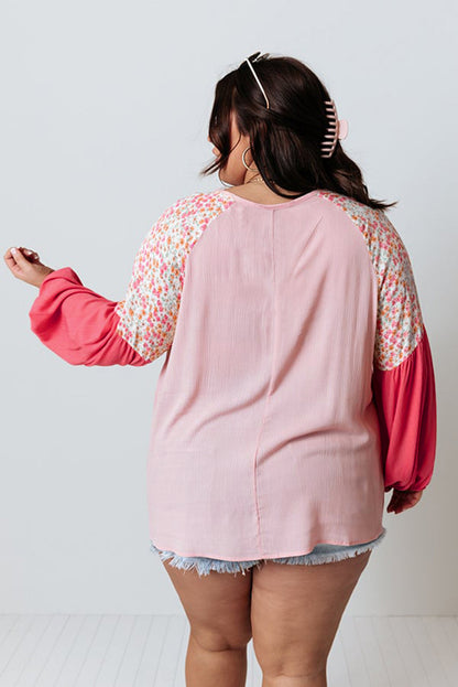 Contrast Floral Patchwork Long Sleeve Plus Size Blouse | Pink