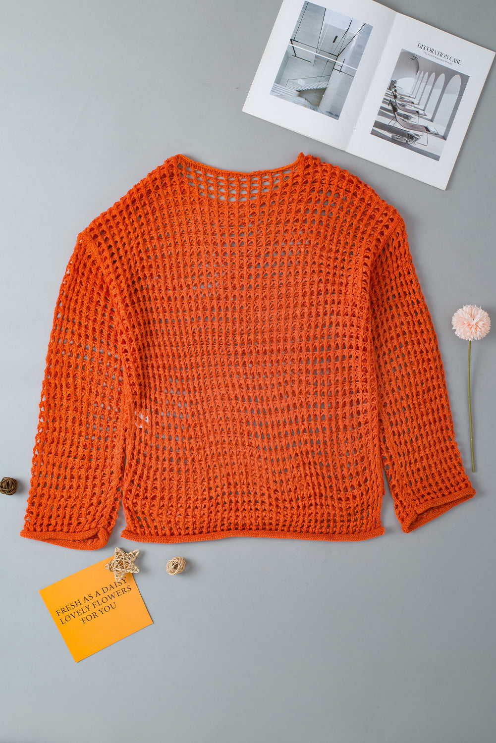 Open Knit Crochet Bell Sleeve Tunic Sweater | Orange