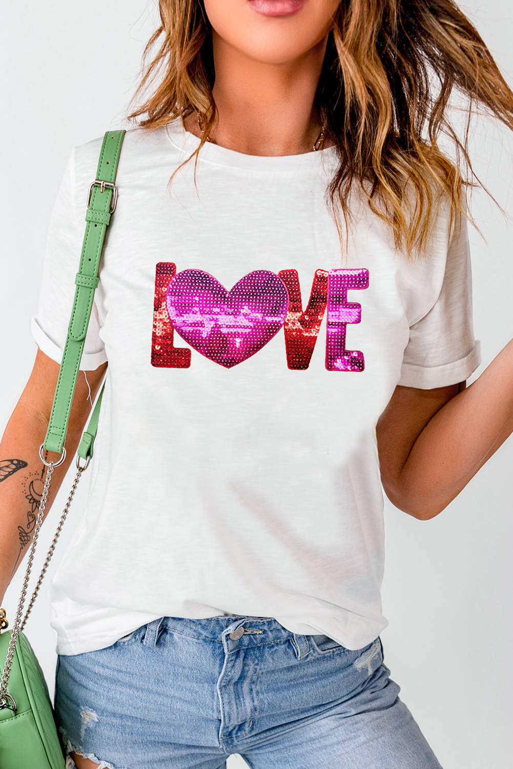 Heart Love Patched Pattern Crewneck Valentines T Shirt | White