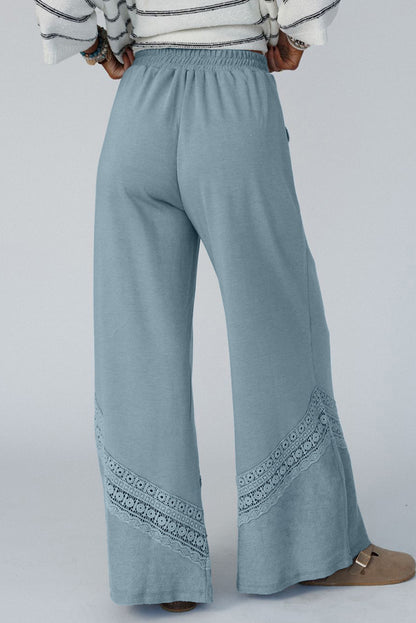 Lace Crochet Patched Lace-Up High Waist Wide Leg Pants | Dusk Blue