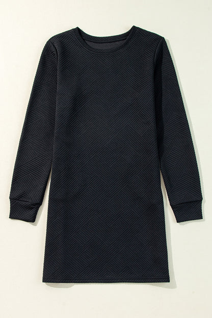 Solid Colour Textured Long Sleeve Shift Dress | Black