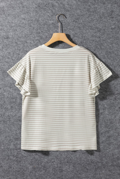 Striped Lace Splicing Ruffle Sleeve T-Shirt | Apricot