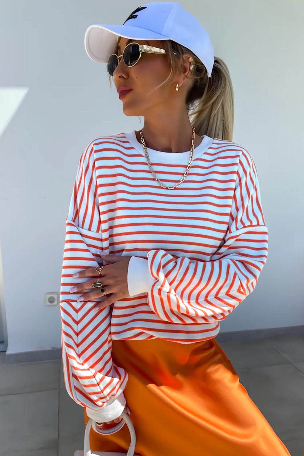 Drop Shoulder Crew Neck Loose Sweatshirt | Orange Stripe