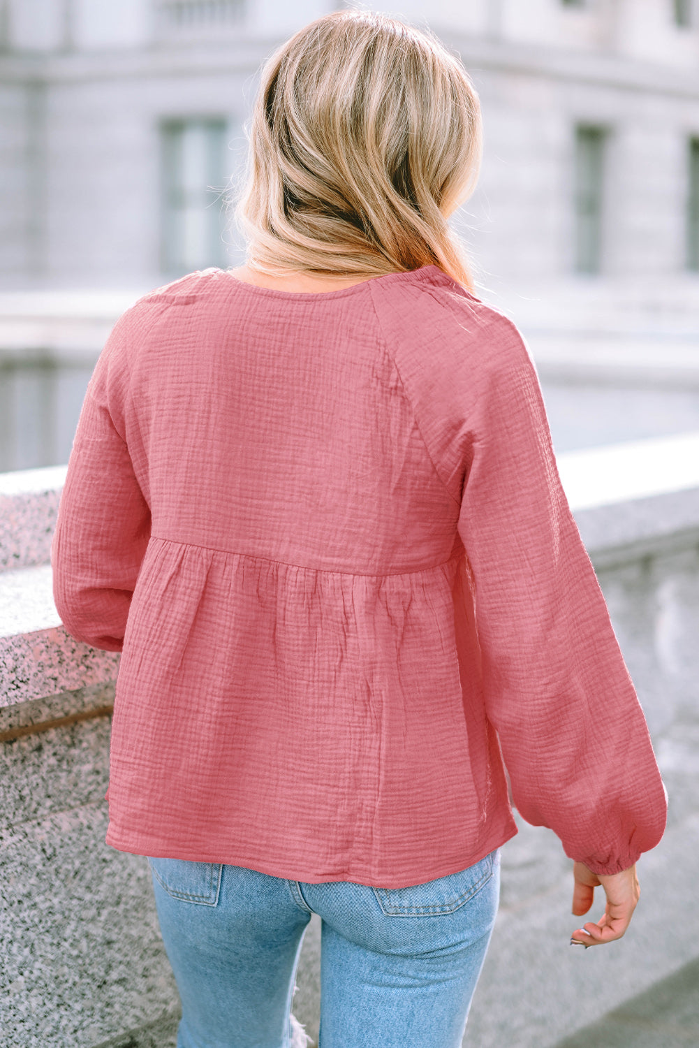 Bubble Sleeve Textured Flowy Blouse | Pink