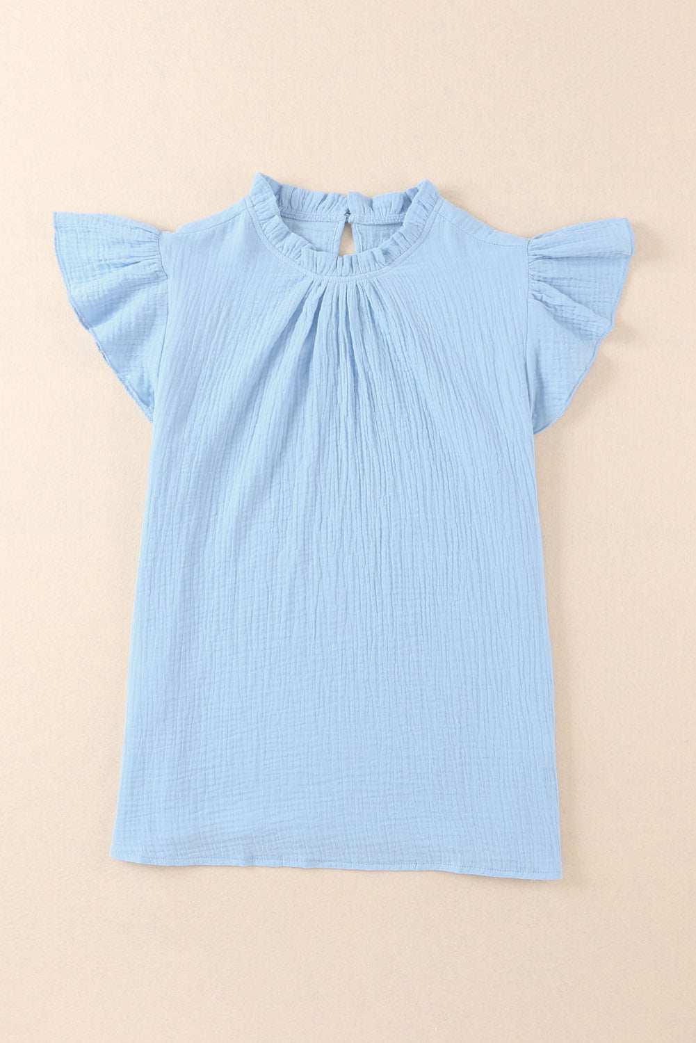 Flutter Sleeve Frilled Neck Textured Blouse | Sky Blue