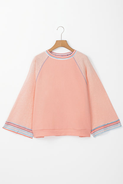 Waffle Knit Wide Bracelet Sleeve Patchwork Raglan Top | Grapefruit Orange