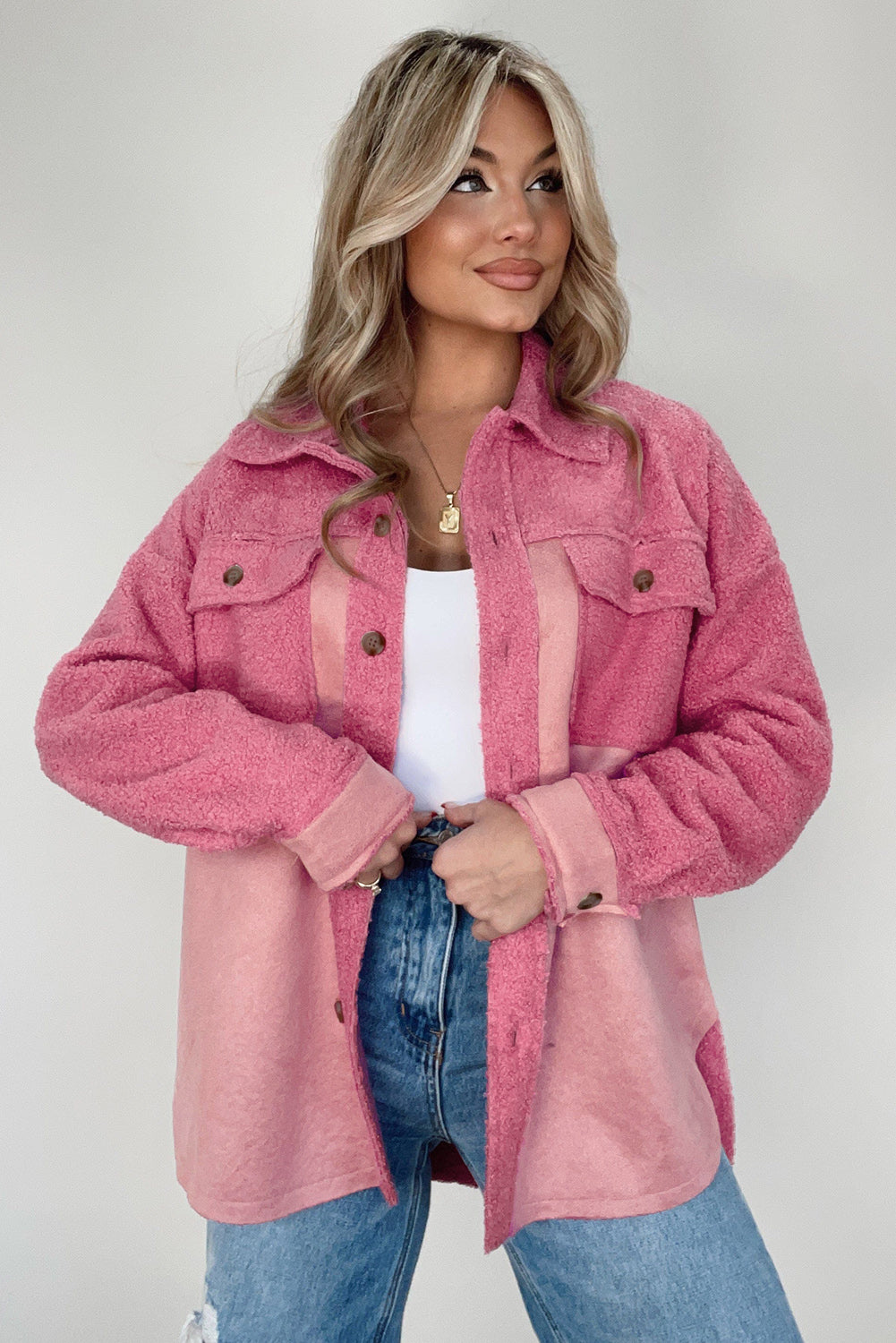 Colourblock Buttoned Flap Pocket Sherpa Shacket | Pink