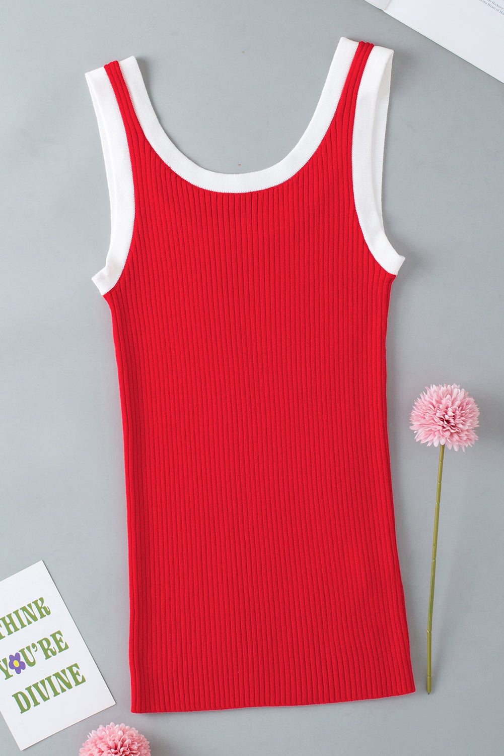 Colourblock Edge Ribbed Knit U Neck Tank Top | Fiery Red