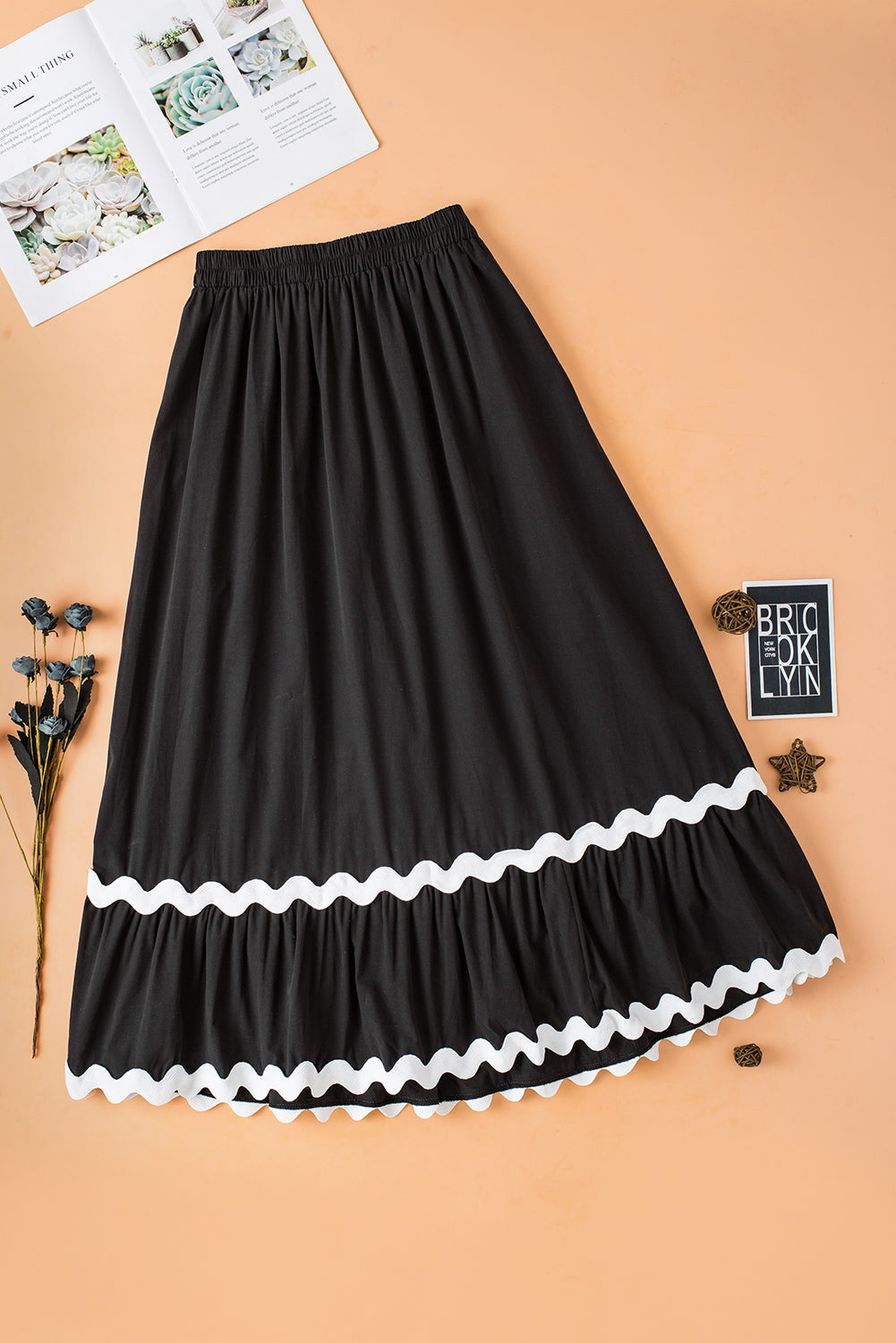 Ricrac Trim Colourblock High Waist Long Skirt | Black