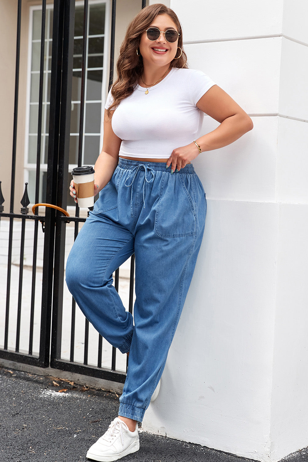 Drawstring Waist Pocketed Plus Size Denim Joggers | Dusk Blue