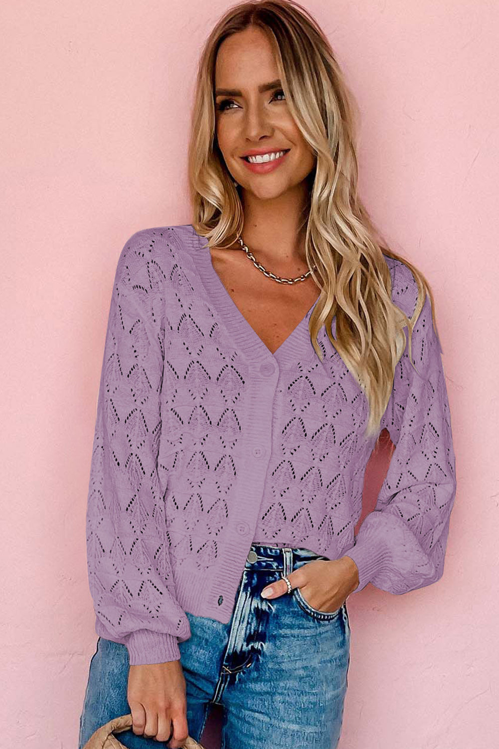 Lightweight Buttoned Front Crochet Cardigan | Purple