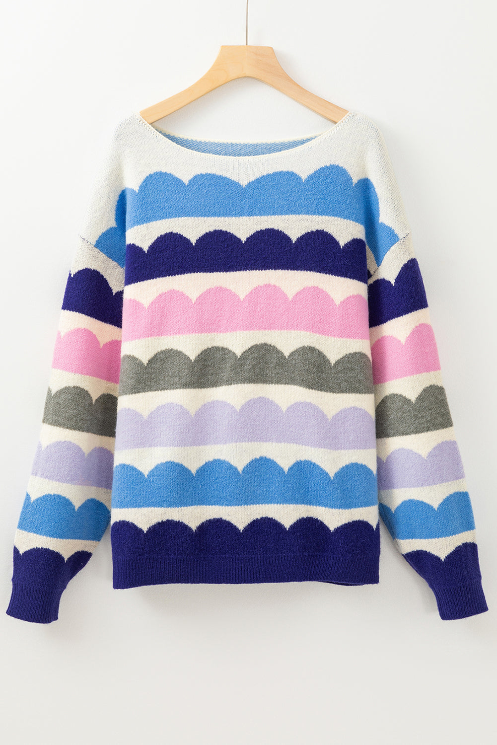 Wave Striped Balloon Sleeve Drop Shoulder Sweater | Dark Blue