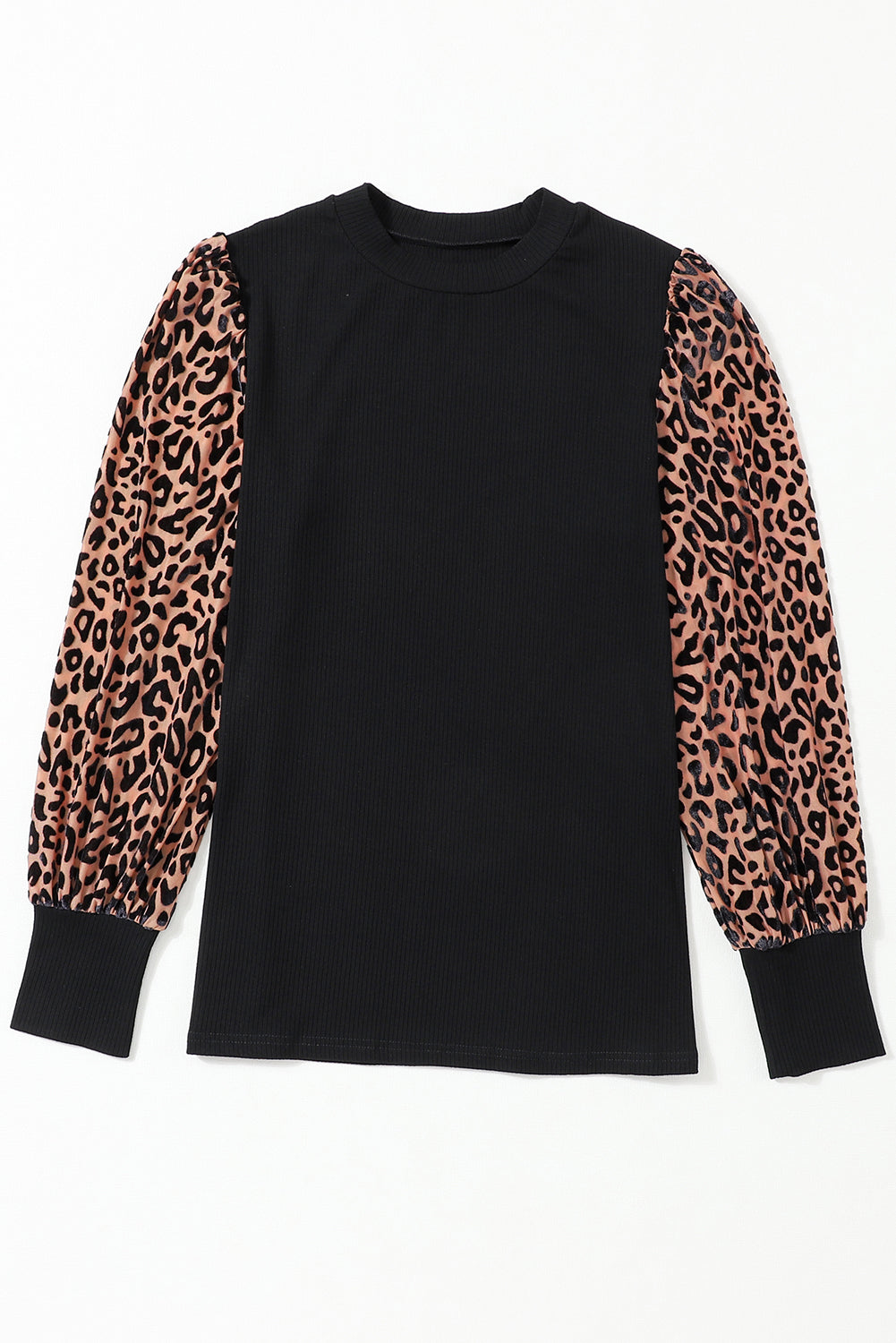 Leopard Print Long Sleeve Ribbed Knit Blouse | Black