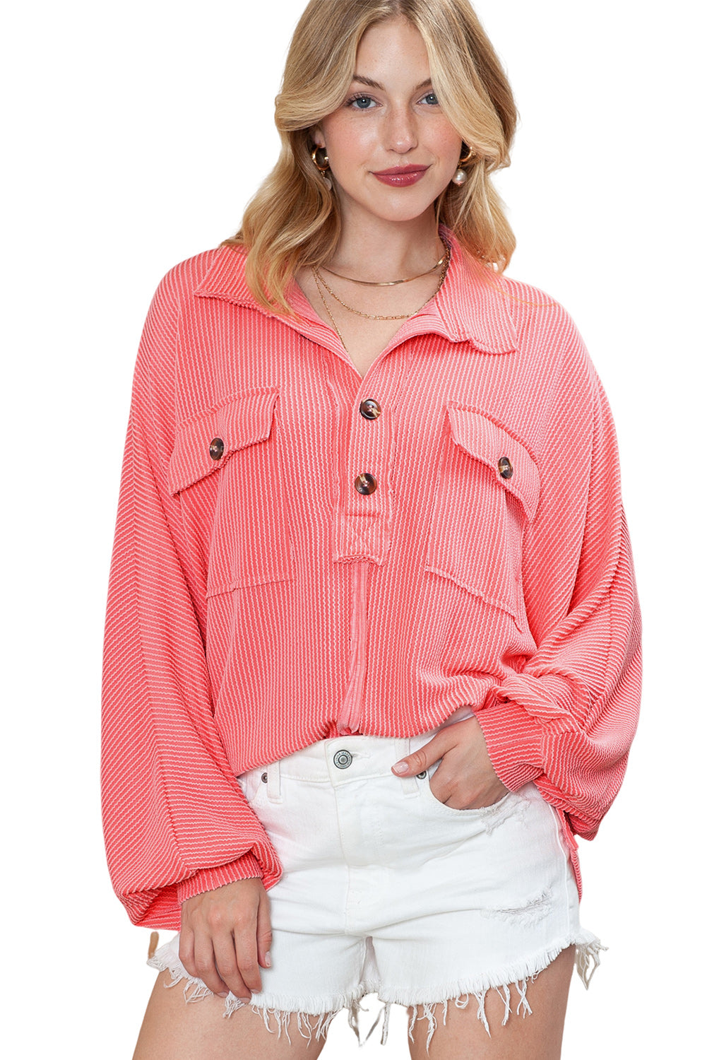 Corded Flap Pocket Henley Top | Pink