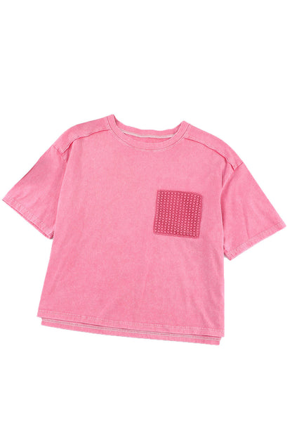 Acid Wash Lace Patch Pocket T-Shirt | Pink