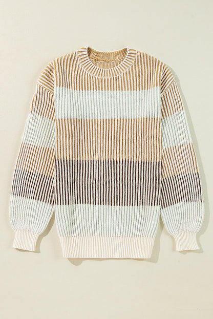 Colourblock Textured Knit Bubble Sleeve Sweater | Brown