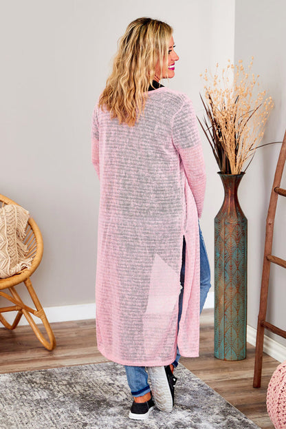 Sheer Knitted Long Side Slit Plus Size Cardigan | Pink