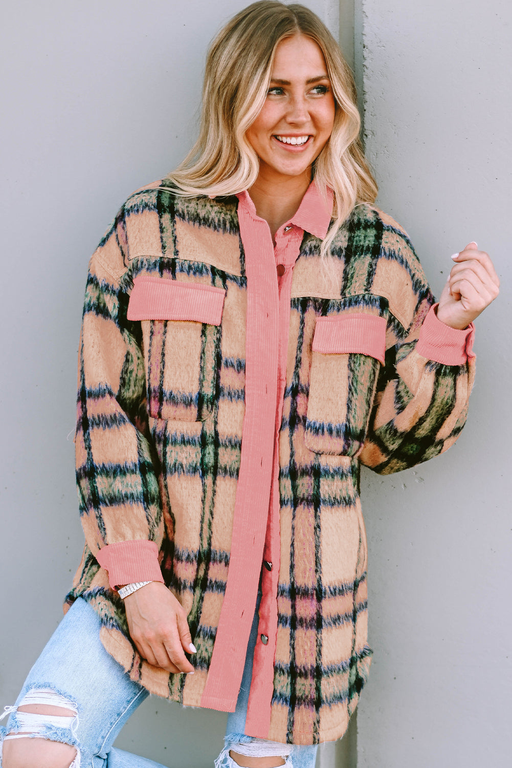 Fuzzy Plaid Corduroy Patchwork Shacket | Pink